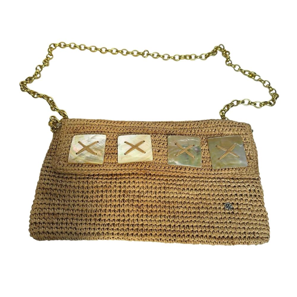 Womenโs Shoulder Bag Straw and Mother of Pearl Shell